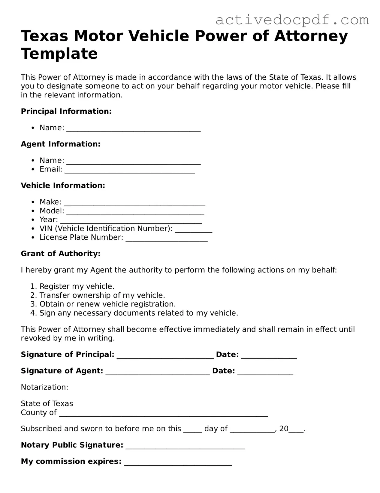 Legal Motor Vehicle Power of Attorney Document for Texas State