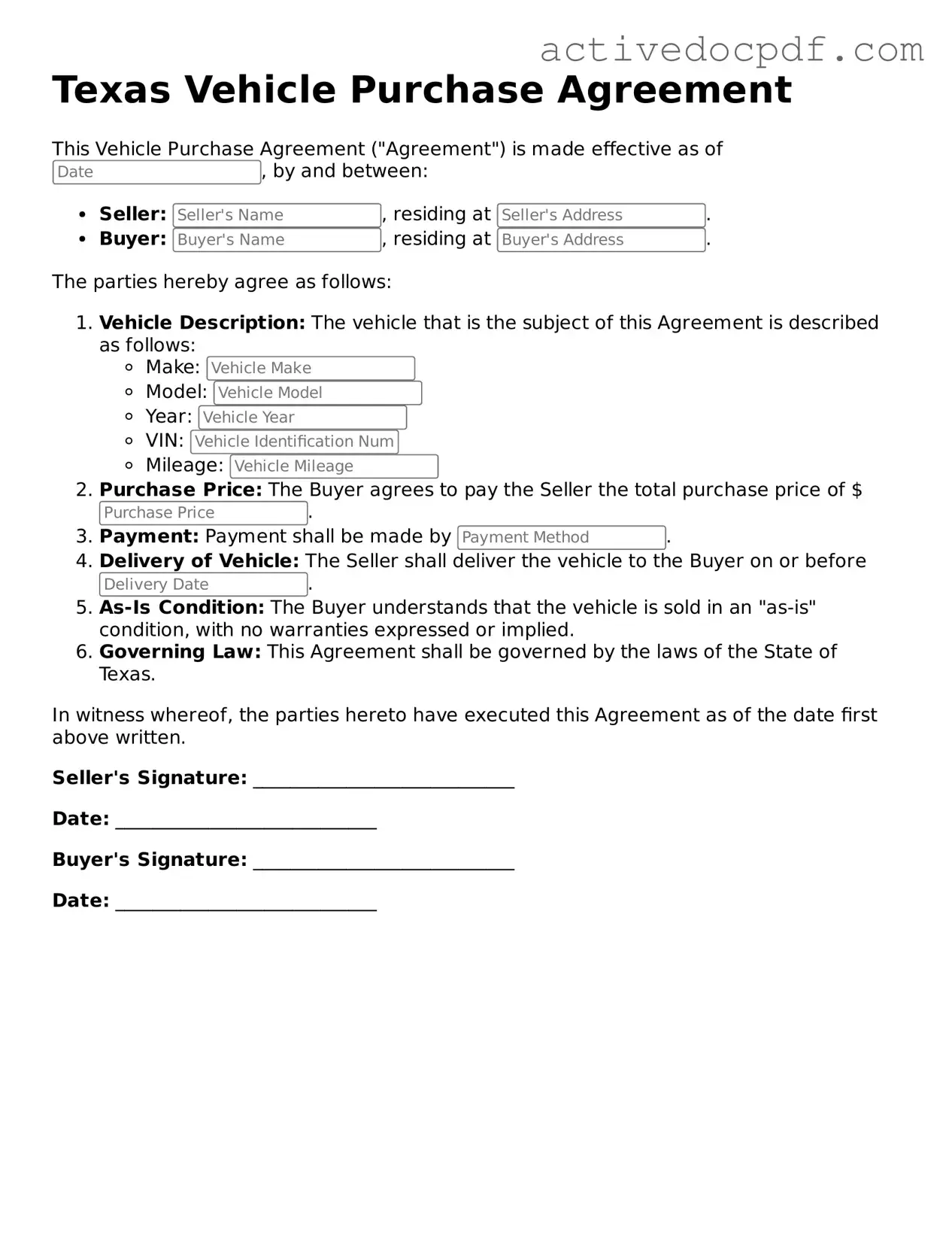 Legal Vehicle Purchase Agreement Document for Texas State