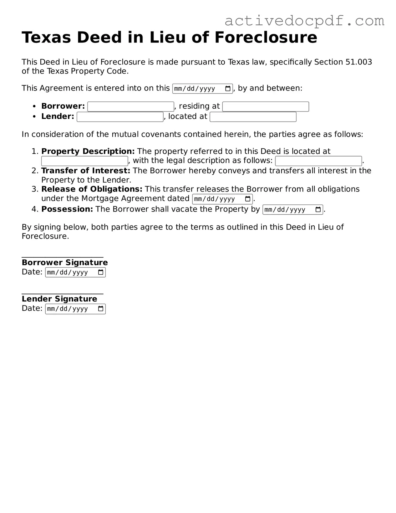 Legal Deed in Lieu of Foreclosure Document for Texas State