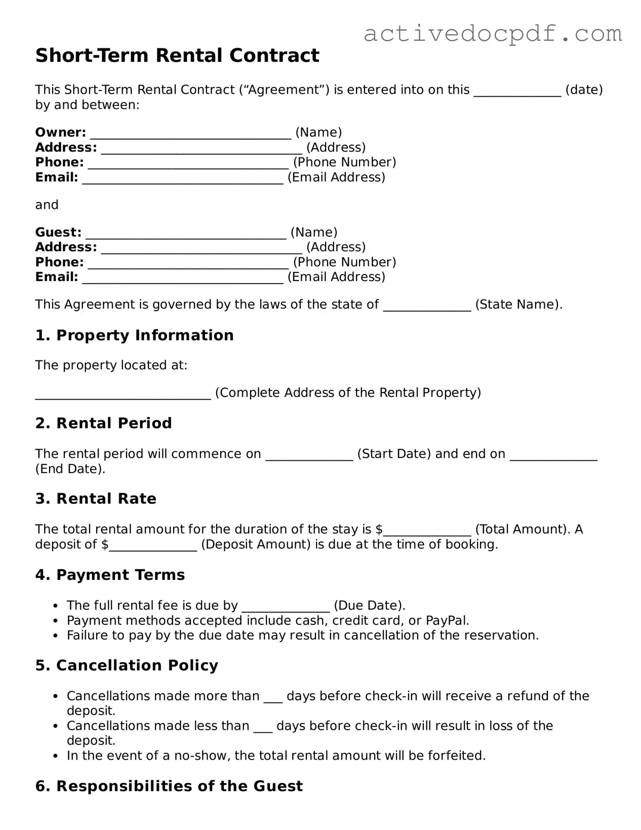 Legal Short-Term Rental Contract Template