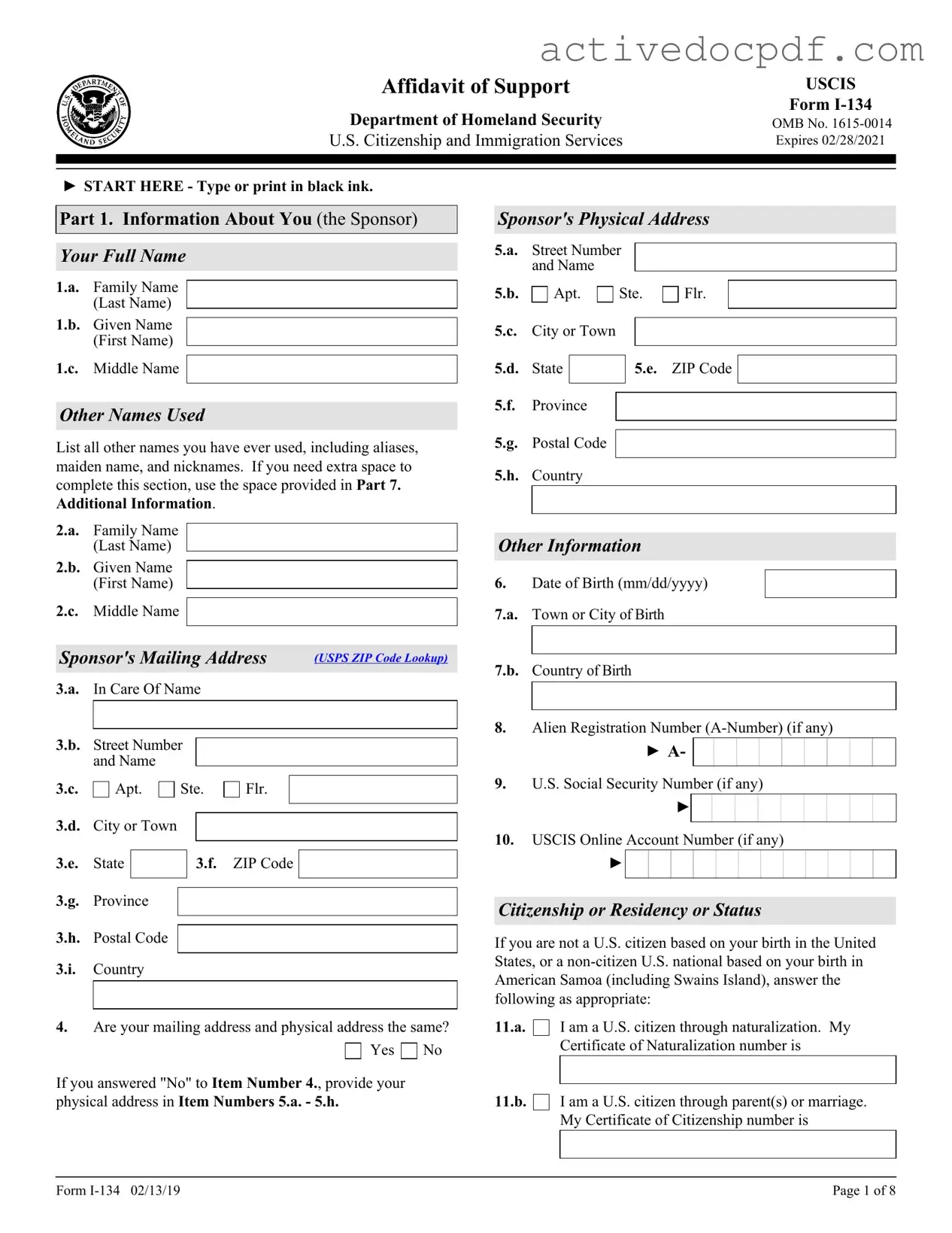 Free USCIS I-134 PDF Form