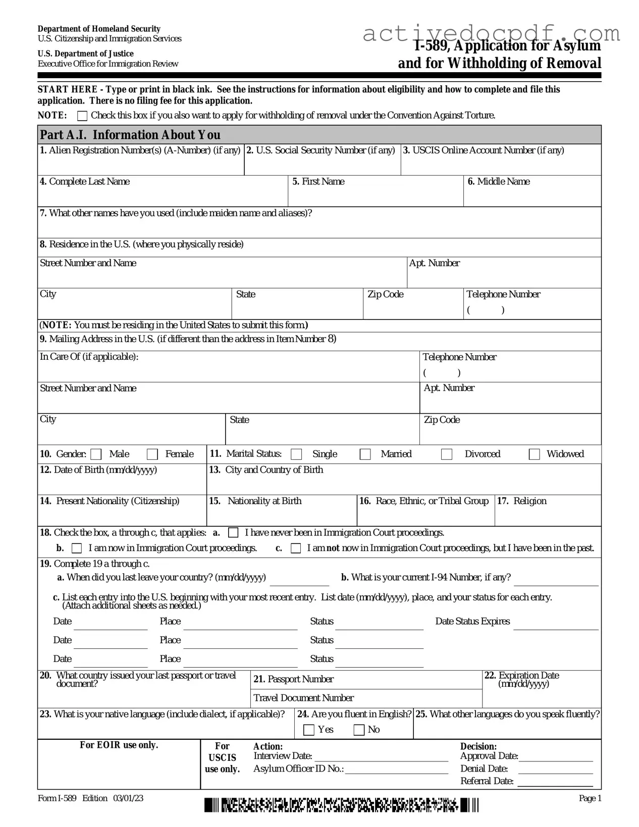 Free USCIS I-589 PDF Form
