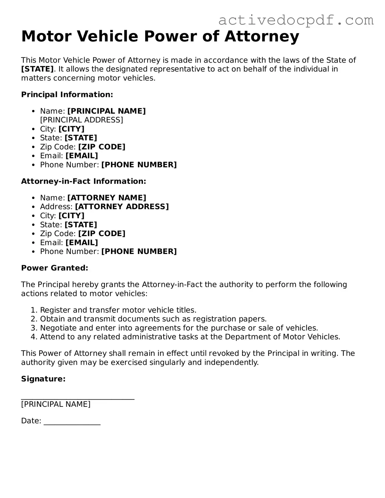 Legal Motor Vehicle Power of Attorney Template