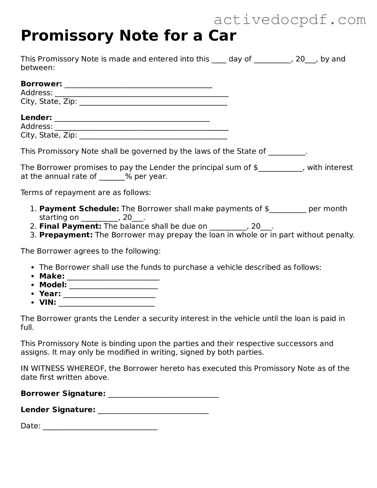 Legal Promissory Note for a Car Template