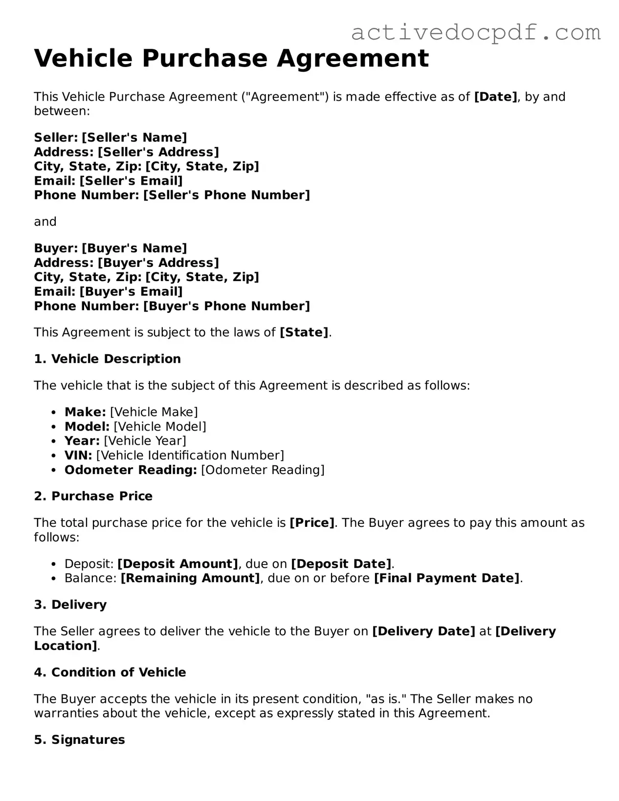 Legal Vehicle Purchase Agreement Template