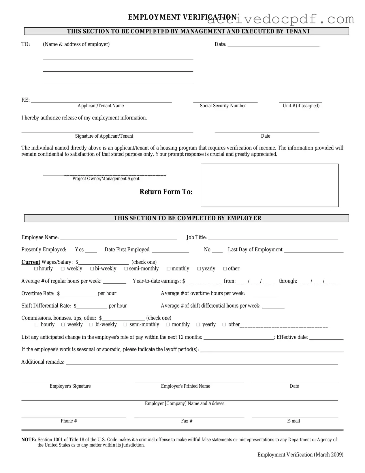 Free Employment verification form PDF Form
