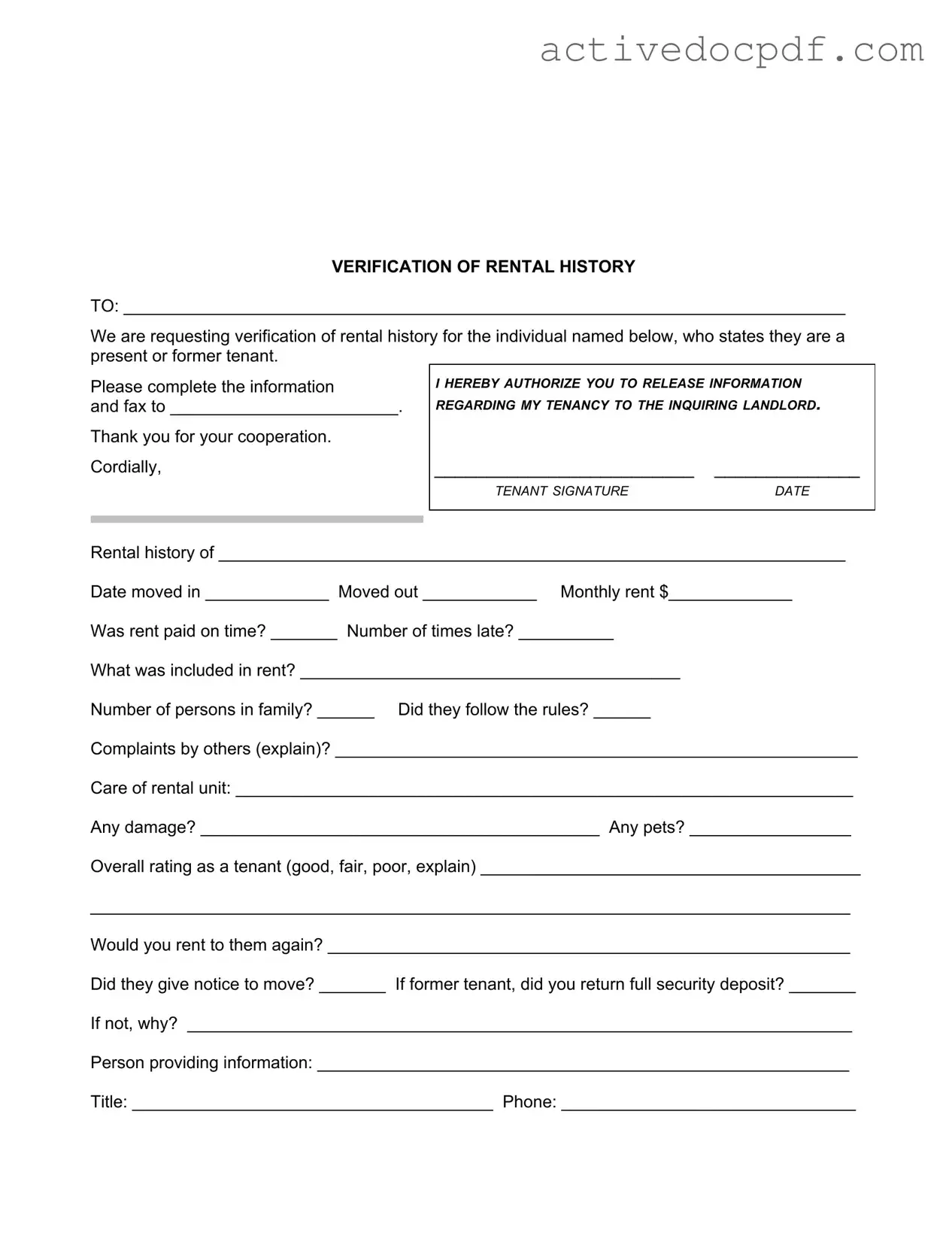 Free Verification Rental PDF Form