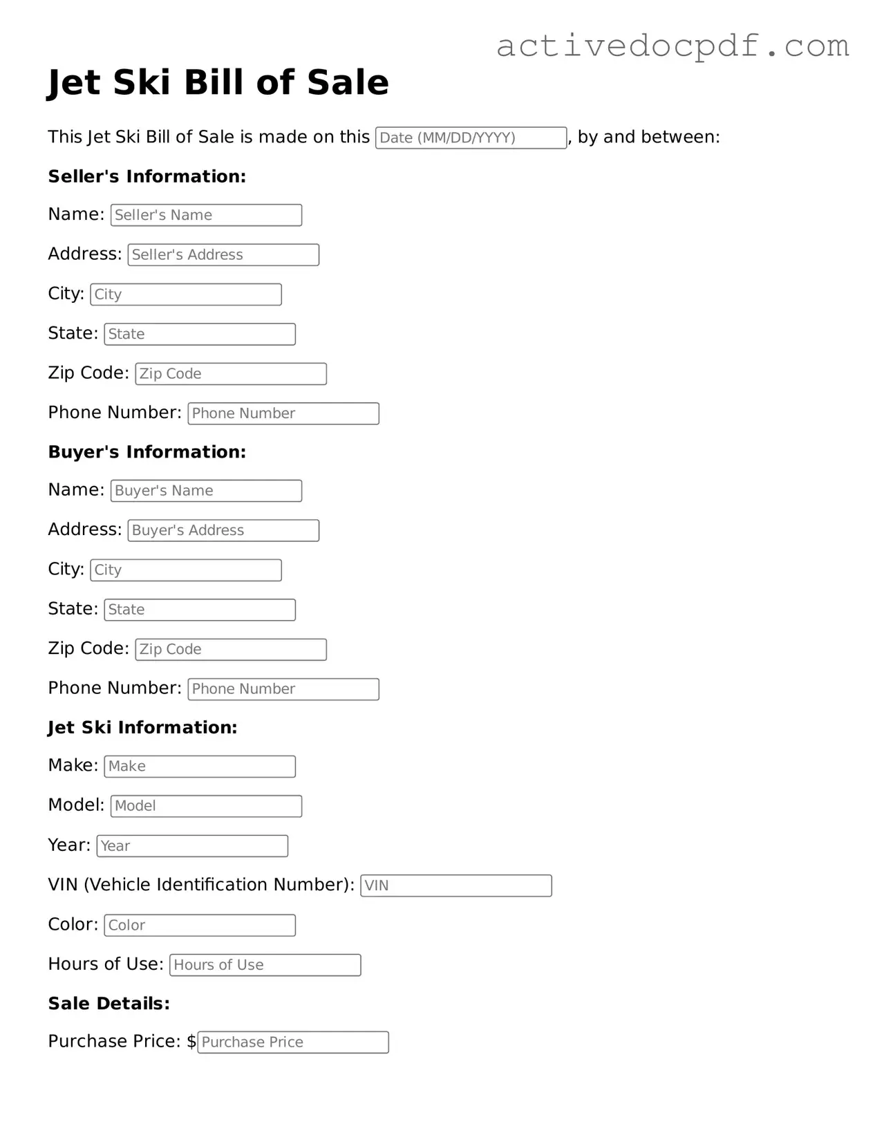 Legal Jet Ski Bill of Sale Template