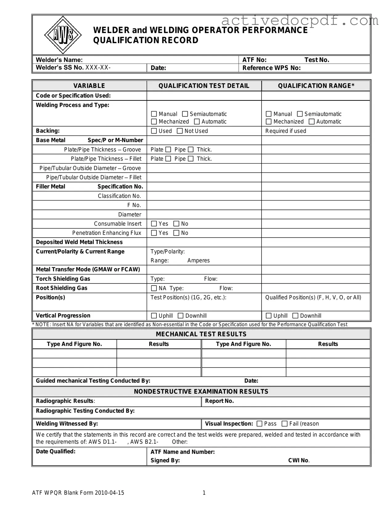 Free Welder Performance Qualification Record PDF Form